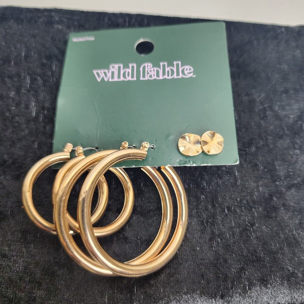 Target Wild Fable Nickle-Free Gold Trio Set of Hoop & Stud Pierced Earrings NWT